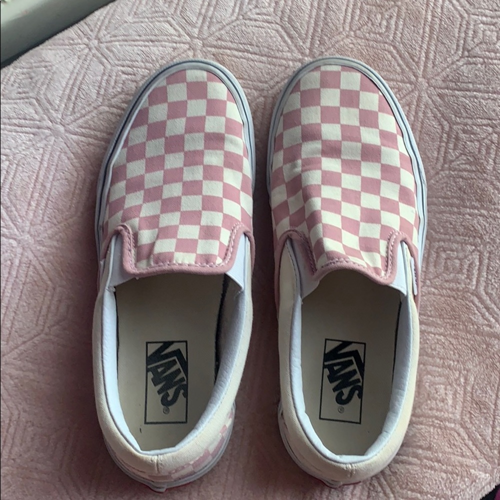 pink checkered slip on vans